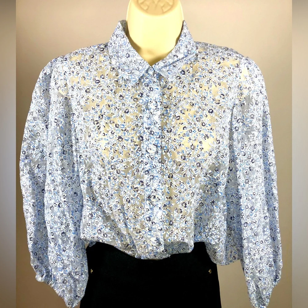 Zara Sheer Puff Sleeve Blouse with Collar White with Blue & Navy Floral Print M